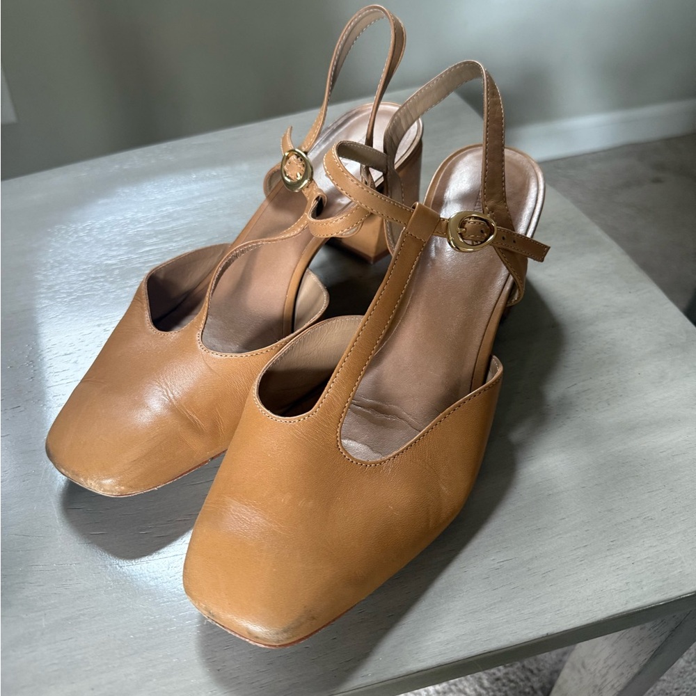 Bernardo T Strap Tan Leather Slingback Heels